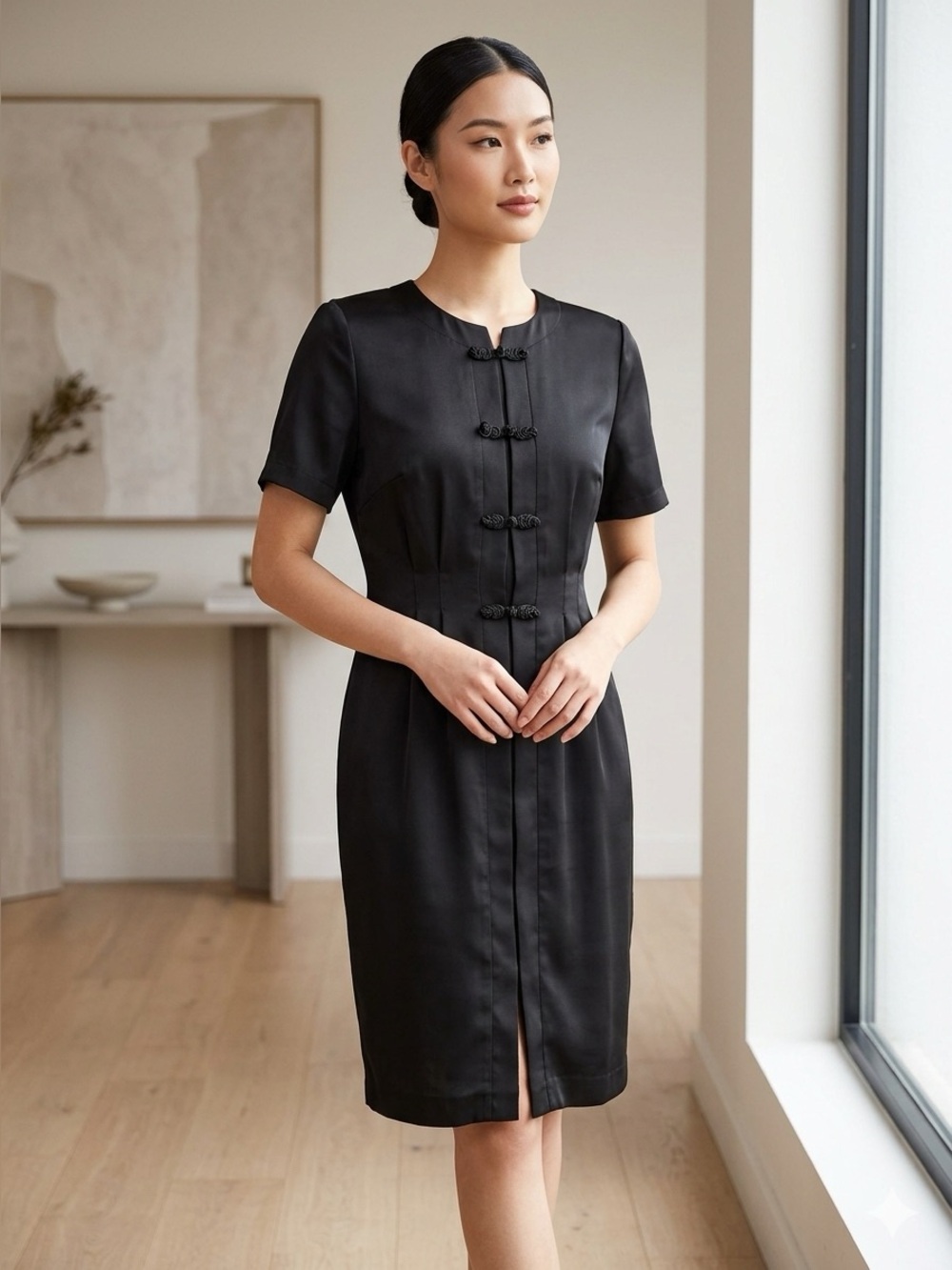Classic Black Sheath Dress size 12 Mandarin Buttons 💎 Workwear official
